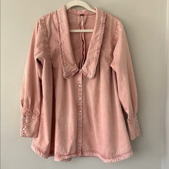 Free People Charlie Denim Button Down with Pearl Snap- Pink Denim - Picture 2 of 10